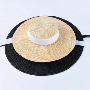 Wide Brim Boater Hat 10cm 15cm Brim Straw Hat Flat Women Summer Kentucky Derby Hat White Black Ribbon Tie Sun Hat Beach Cap