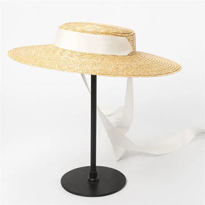 Wide Brim Boater Hat 10cm 15cm Brim Straw Hat Flat Women Summer Kentucky Derby Hat White Black Ribbon Tie Sun Hat Beach Cap