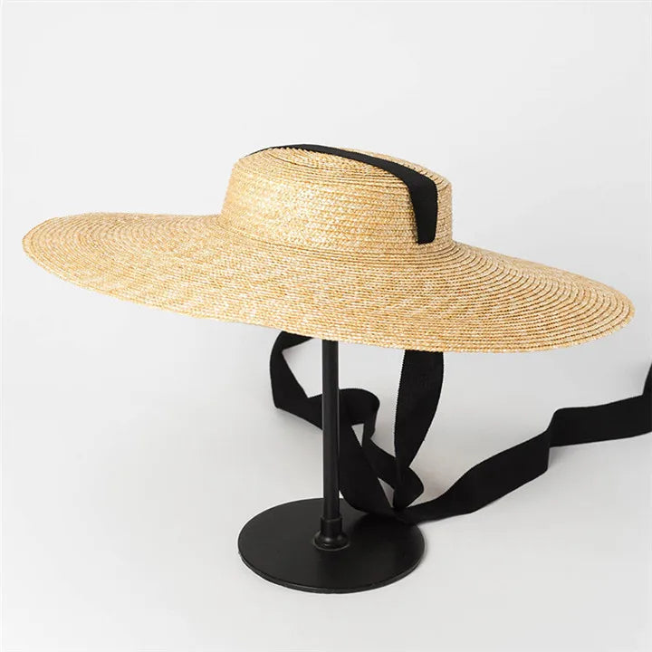 Wide Brim Boater Hat 10cm 15cm Brim Straw Hat Flat Women Summer Kentucky Derby Hat White Black Ribbon Tie Sun Hat Beach Cap