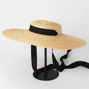 Wide Brim Boater Hat 10cm 15cm Brim Straw Hat Flat Women Summer Kentucky Derby Hat White Black Ribbon Tie Sun Hat Beach Cap