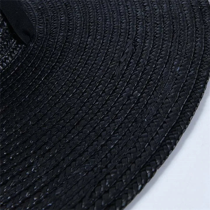 Wide Brim Boater Hat 10cm 15cm Brim Straw Hat Flat Women Summer Kentucky Derby Hat White Black Ribbon Tie Sun Hat Beach Cap