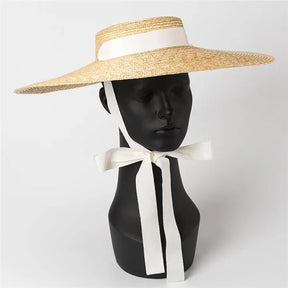 Wide Brim Boater Hat 10cm 15cm Brim Straw Hat Flat Women Summer Kentucky Derby Hat White Black Ribbon Tie Sun Hat Beach Cap