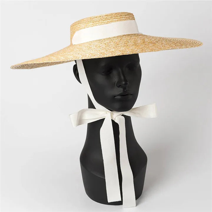 Wide Brim Boater Hat 10cm 15cm Brim Straw Hat Flat Women Summer Kentucky Derby Hat White Black Ribbon Tie Sun Hat Beach Cap