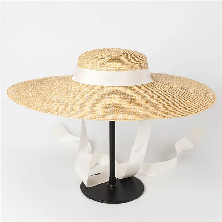 Wide Brim Boater Hat 10cm 15cm Brim Straw Hat Flat Women Summer Kentucky Derby Hat White Black Ribbon Tie Sun Hat Beach Cap