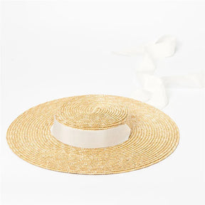 Wide Brim Boater Hat 10cm 15cm Brim Straw Hat Flat Women Summer Kentucky Derby Hat White Black Ribbon Tie Sun Hat Beach Cap