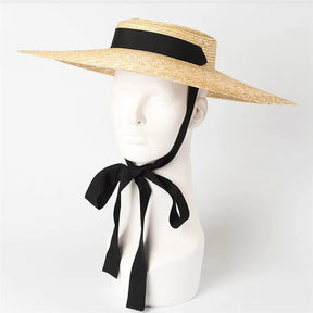 Wide Brim Boater Hat 10cm 15cm Brim Straw Hat Flat Women Summer Kentucky Derby Hat White Black Ribbon Tie Sun Hat Beach Cap