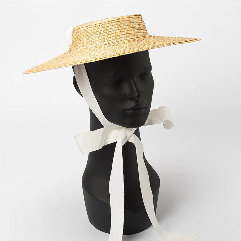 Wide Brim Boater Hat 10cm 15cm Brim Straw Hat Flat Women Summer Kentucky Derby Hat White Black Ribbon Tie Sun Hat Beach Cap