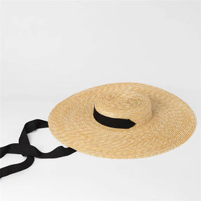 Wide Brim Boater Hat 10cm 15cm Brim Straw Hat Flat Women Summer Kentucky Derby Hat White Black Ribbon Tie Sun Hat Beach Cap