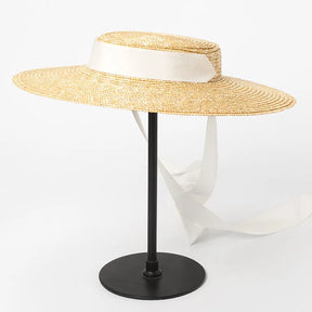 Wide Brim Boater Hat 10cm 15cm Brim Straw Hat Flat Women Summer Kentucky Derby Hat White Black Ribbon Tie Sun Hat Beach Cap