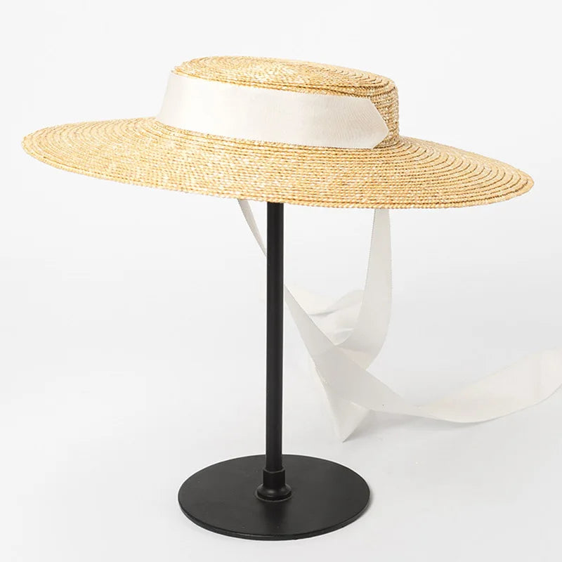 Wide Brim Boater Hat 10cm 15cm Brim Straw Hat Flat Women Summer Kentucky Derby Hat White Black Ribbon Tie Sun Hat Beach Cap