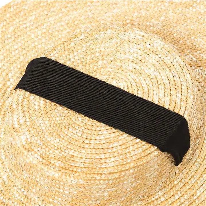 Wide Brim Boater Hat 10cm 15cm Brim Straw Hat Flat Women Summer Kentucky Derby Hat White Black Ribbon Tie Sun Hat Beach Cap