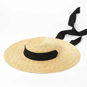 Wide Brim Boater Hat 10cm 15cm Brim Straw Hat Flat Women Summer Kentucky Derby Hat White Black Ribbon Tie Sun Hat Beach Cap