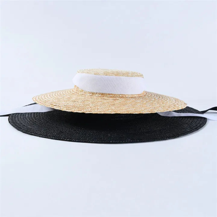 Wide Brim Boater Hat 10cm 15cm Brim Straw Hat Flat Women Summer Kentucky Derby Hat White Black Ribbon Tie Sun Hat Beach Cap