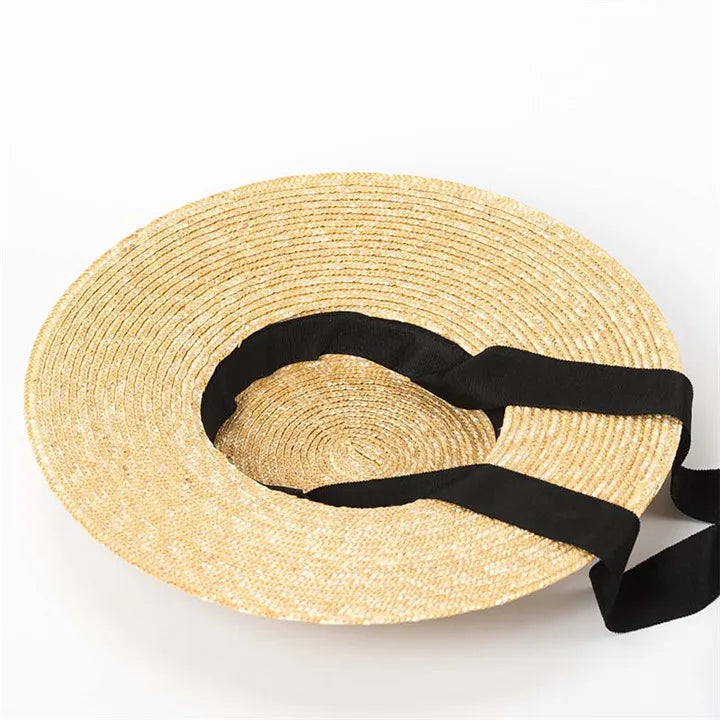 Wide Brim Boater Hat 10cm 15cm Brim Straw Hat Flat Women Summer Kentucky Derby Hat White Black Ribbon Tie Sun Hat Beach Cap