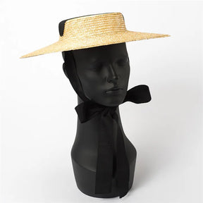 Wide Brim Boater Hat 10cm 15cm Brim Straw Hat Flat Women Summer Kentucky Derby Hat White Black Ribbon Tie Sun Hat Beach Cap