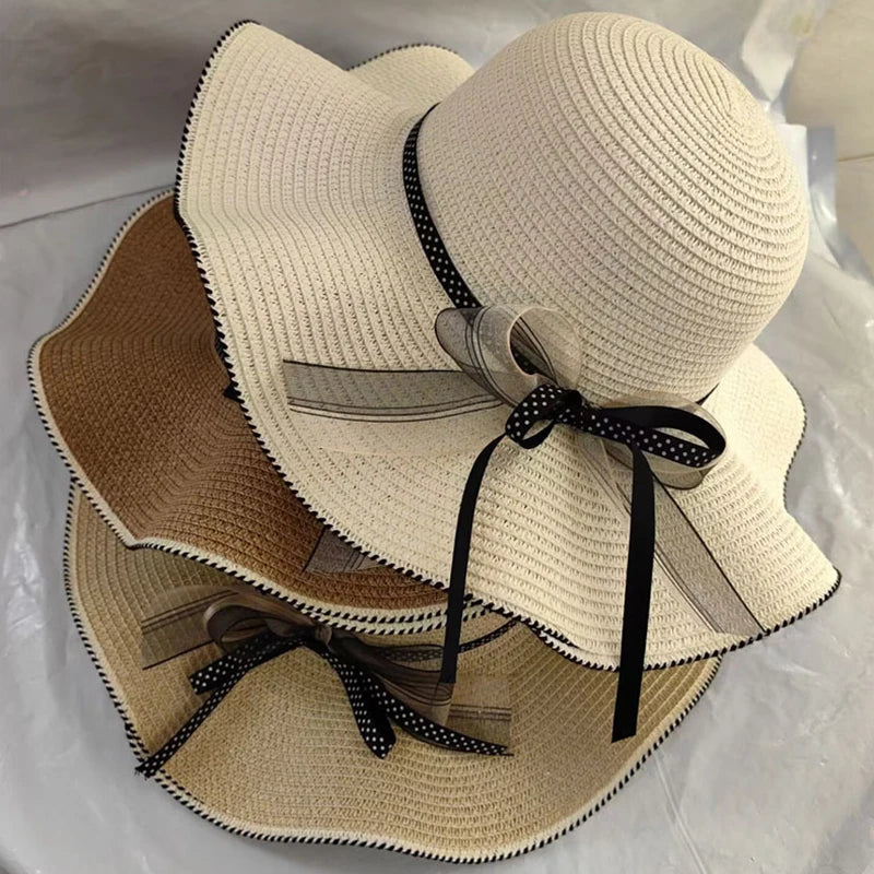 Women's Straw Hat Spring And Summer Lace Bow Large Brim Breathable Foldable Sunshade Caps Beach Cap Sweet Fisherman Hat