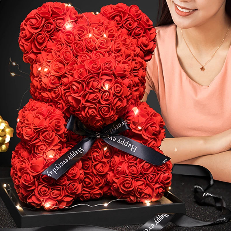 Valentine Gifts Decoration Rose Bear Artificial Flower With Box Lights Teddy Bear For Women Girlfriend Birthday Gift Love Flower - loja express criativo
