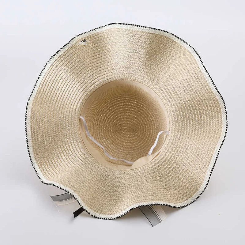 Women's Straw Hat Spring And Summer Lace Bow Large Brim Breathable Foldable Sunshade Caps Beach Cap Sweet Fisherman Hat