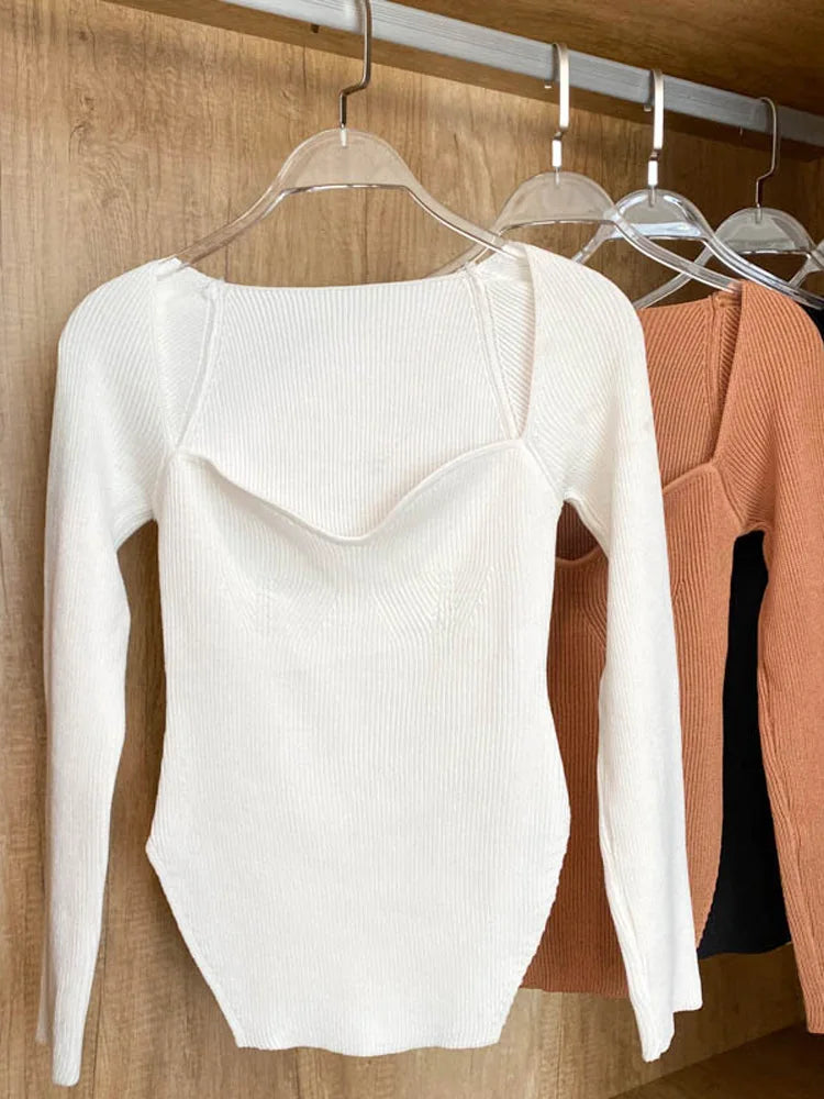 Square Collar Long Sleeve Woman Sweaters Knitted Pullover Women Spring Autumn Sweater Winter Tops For Women Black White Jumper - loja express criativo