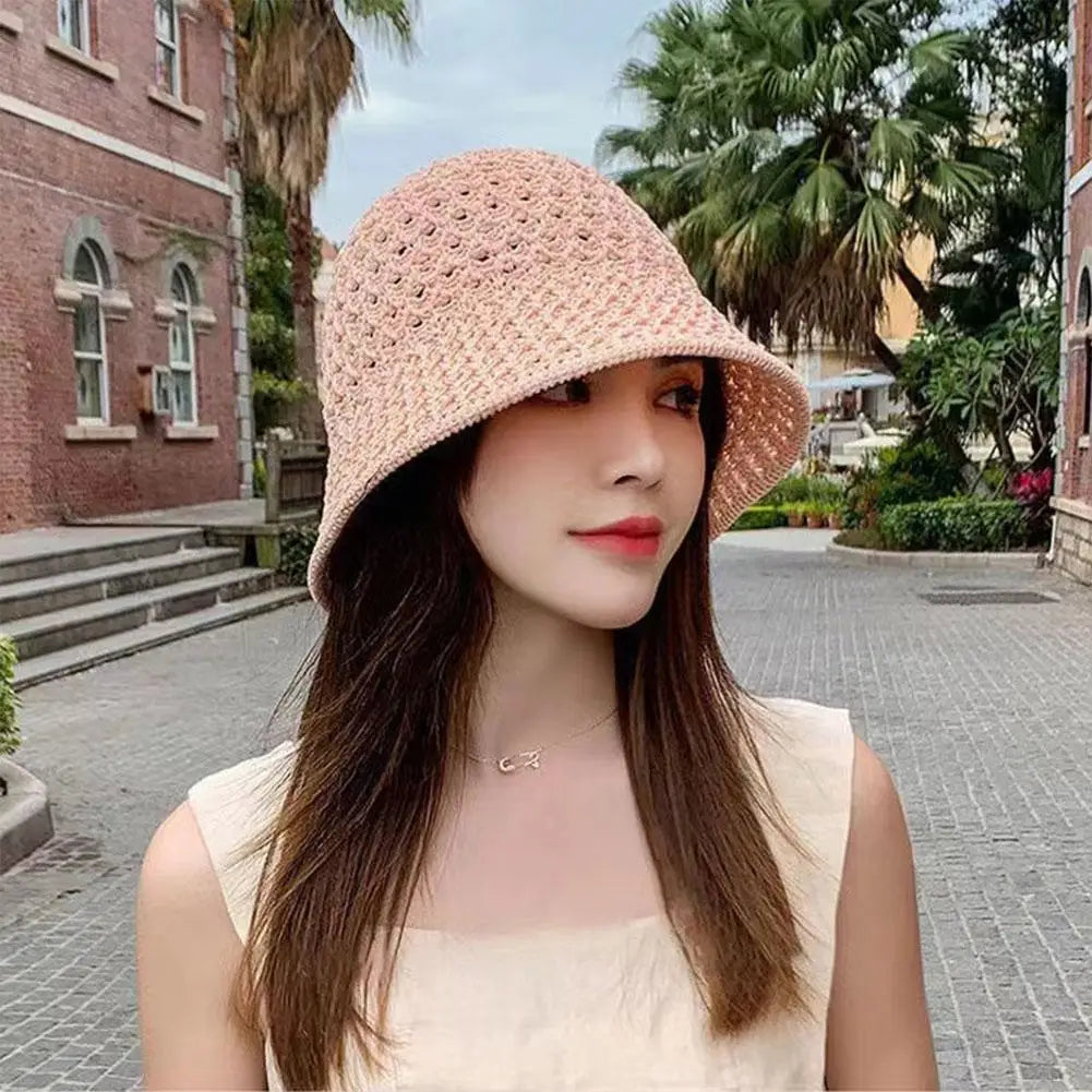 Summer Wide Brim Floppy Hats Folding Women Beach Straw Beach Bucket Hat Fashion Hollow Fisherman Cap 4 Color