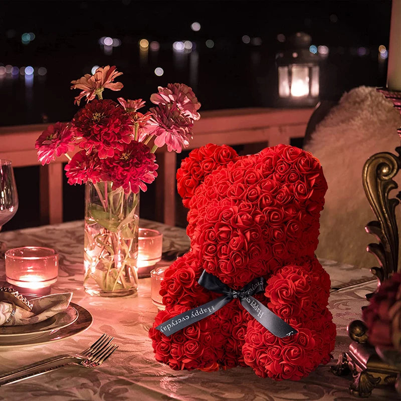Valentine Gifts Decoration Rose Bear Artificial Flower With Box Lights Teddy Bear For Women Girlfriend Birthday Gift Love Flower - loja express criativo