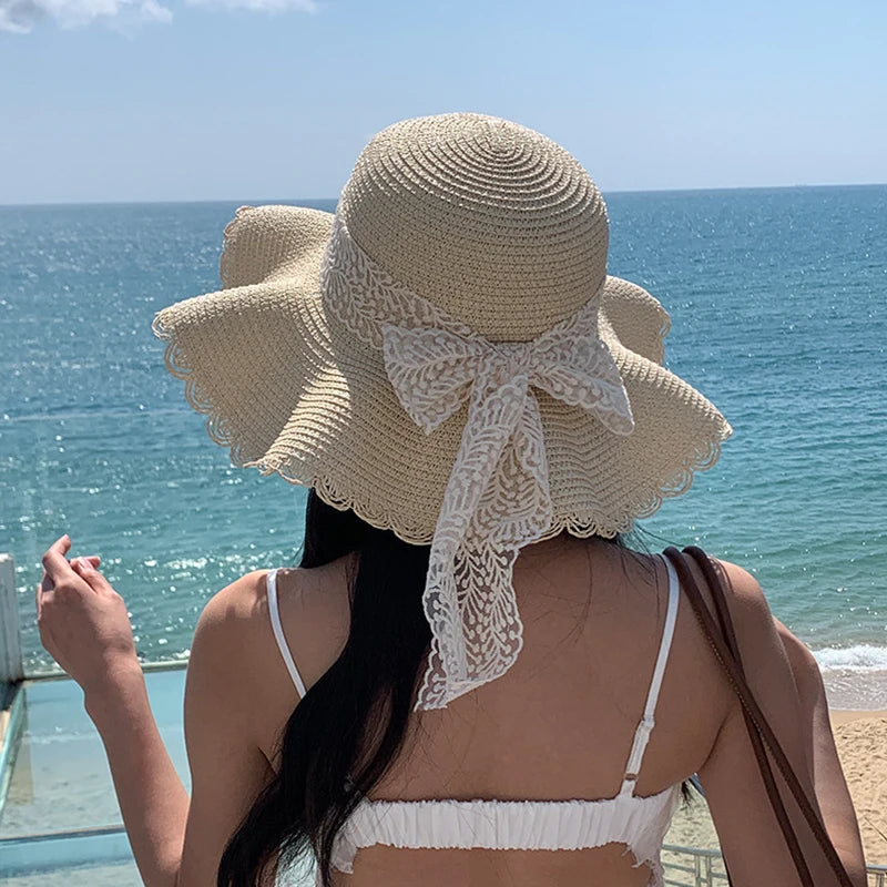 Women's Straw Hat Spring And Summer Lace Bow Large Brim Breathable Foldable Sunshade Caps Beach Cap Sweet Fisherman Hat