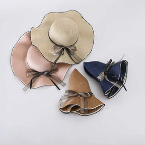 Women's Straw Hat Spring And Summer Lace Bow Large Brim Breathable Foldable Sunshade Caps Beach Cap Sweet Fisherman Hat