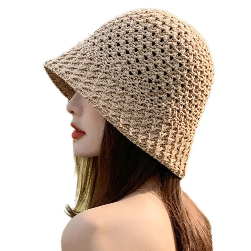 Summer Wide Brim Floppy Hats Folding Women Beach Straw Beach Bucket Hat Fashion Hollow Fisherman Cap 4 Color