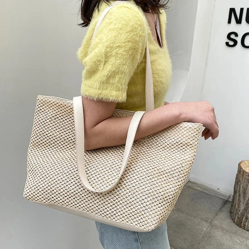 Summer Beach Bag Casual Straw Large Capacity Shopper Tote For Women Wicker Woven Shoulder Bags Rattan Handbags Travel Purses