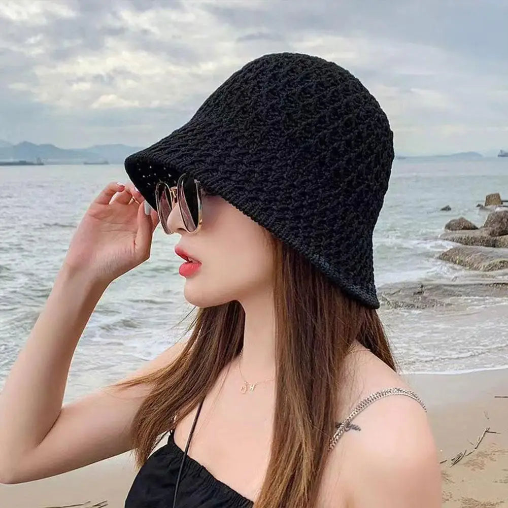 Summer Wide Brim Floppy Hats Folding Women Beach Straw Beach Bucket Hat Fashion Hollow Fisherman Cap 4 Color