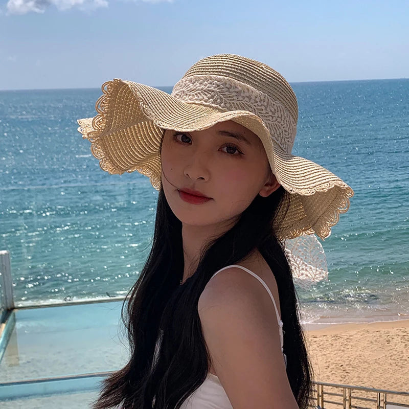 Women's Straw Hat Spring And Summer Lace Bow Large Brim Breathable Foldable Sunshade Caps Beach Cap Sweet Fisherman Hat