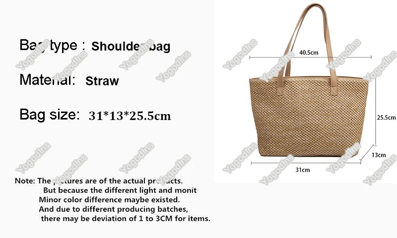 Summer Beach Bag Casual Straw Large Capacity Shopper Tote For Women Wicker Woven Shoulder Bags Rattan Handbags Travel Purses