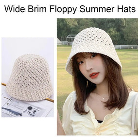 Summer Wide Brim Floppy Hats Folding Women Beach Straw Beach Bucket Hat Fashion Hollow Fisherman Cap 4 Color