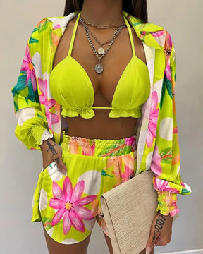 2024 New Bathing Suit Shorts Cover Up Summer Three Pieces Swimwear Sexy Beachwear High Waist Bikini Set Print Women's Swimsuit