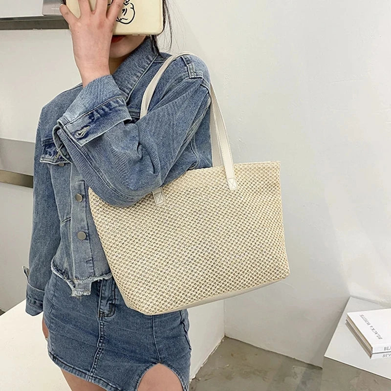 Summer Beach Bag Casual Straw Large Capacity Shopper Tote For Women Wicker Woven Shoulder Bags Rattan Handbags Travel Purses