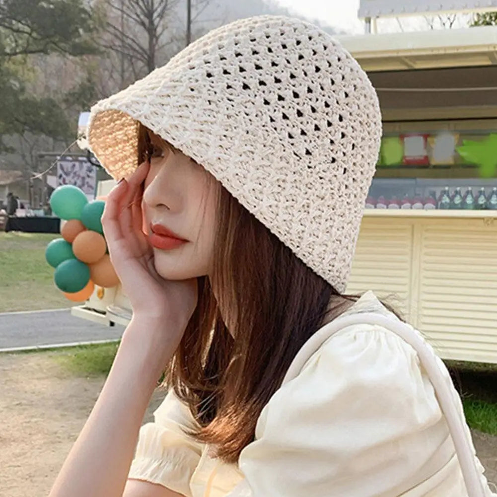 Summer Wide Brim Floppy Hats Folding Women Beach Straw Beach Bucket Hat Fashion Hollow Fisherman Cap 4 Color