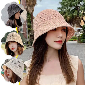 Summer Wide Brim Floppy Hats Folding Women Beach Straw Beach Bucket Hat Fashion Hollow Fisherman Cap 4 Color