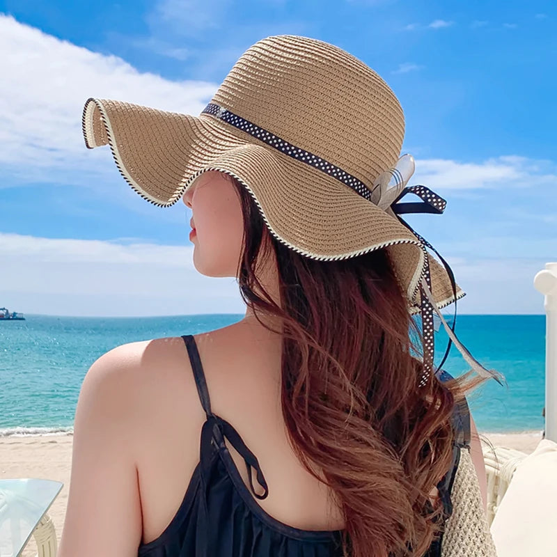 Women's Straw Hat Spring And Summer Lace Bow Large Brim Breathable Foldable Sunshade Caps Beach Cap Sweet Fisherman Hat