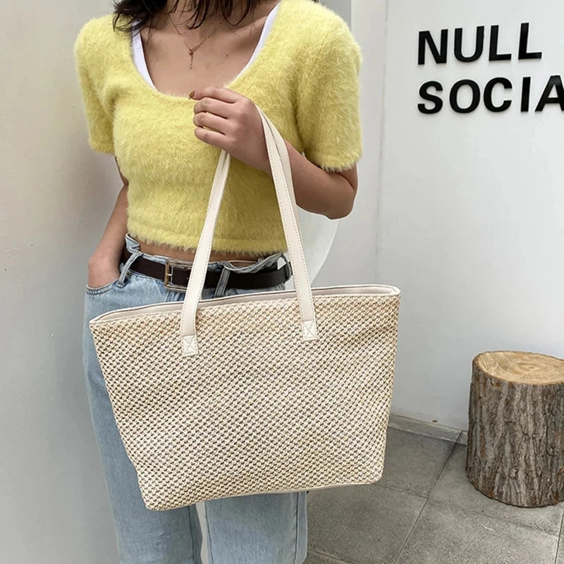 Summer Beach Bag Casual Straw Large Capacity Shopper Tote For Women Wicker Woven Shoulder Bags Rattan Handbags Travel Purses