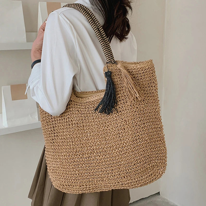 Straw Weave Tassel Tote Summer Beach Bags for Women 2022 Large Capacity Fashion Shoulder Bag Lady Handbags and Purses