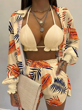 2024 New Bathing Suit Shorts Cover Up Summer Three Pieces Swimwear Sexy Beachwear High Waist Bikini Set Print Women's Swimsuit