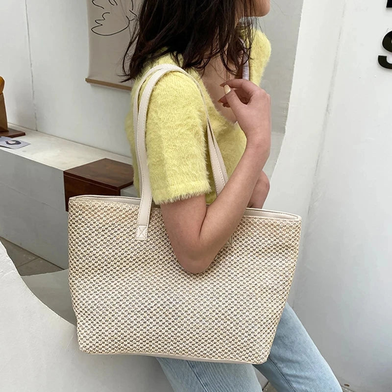 Summer Beach Bag Casual Straw Large Capacity Shopper Tote For Women Wicker Woven Shoulder Bags Rattan Handbags Travel Purses