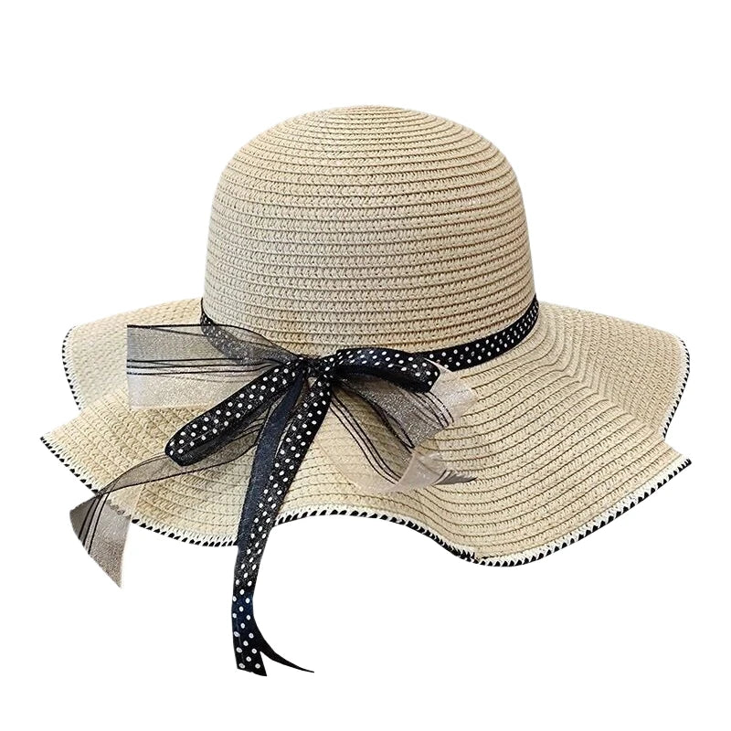 Women's Straw Hat Spring And Summer Lace Bow Large Brim Breathable Foldable Sunshade Caps Beach Cap Sweet Fisherman Hat