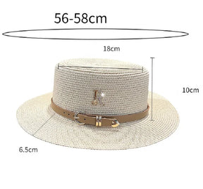 Summer Sun Hat Flat Top Straw Hats for Women New Metal R Letter Fashionable Beach Sun Hat Females Travel Holidays Boater Hat