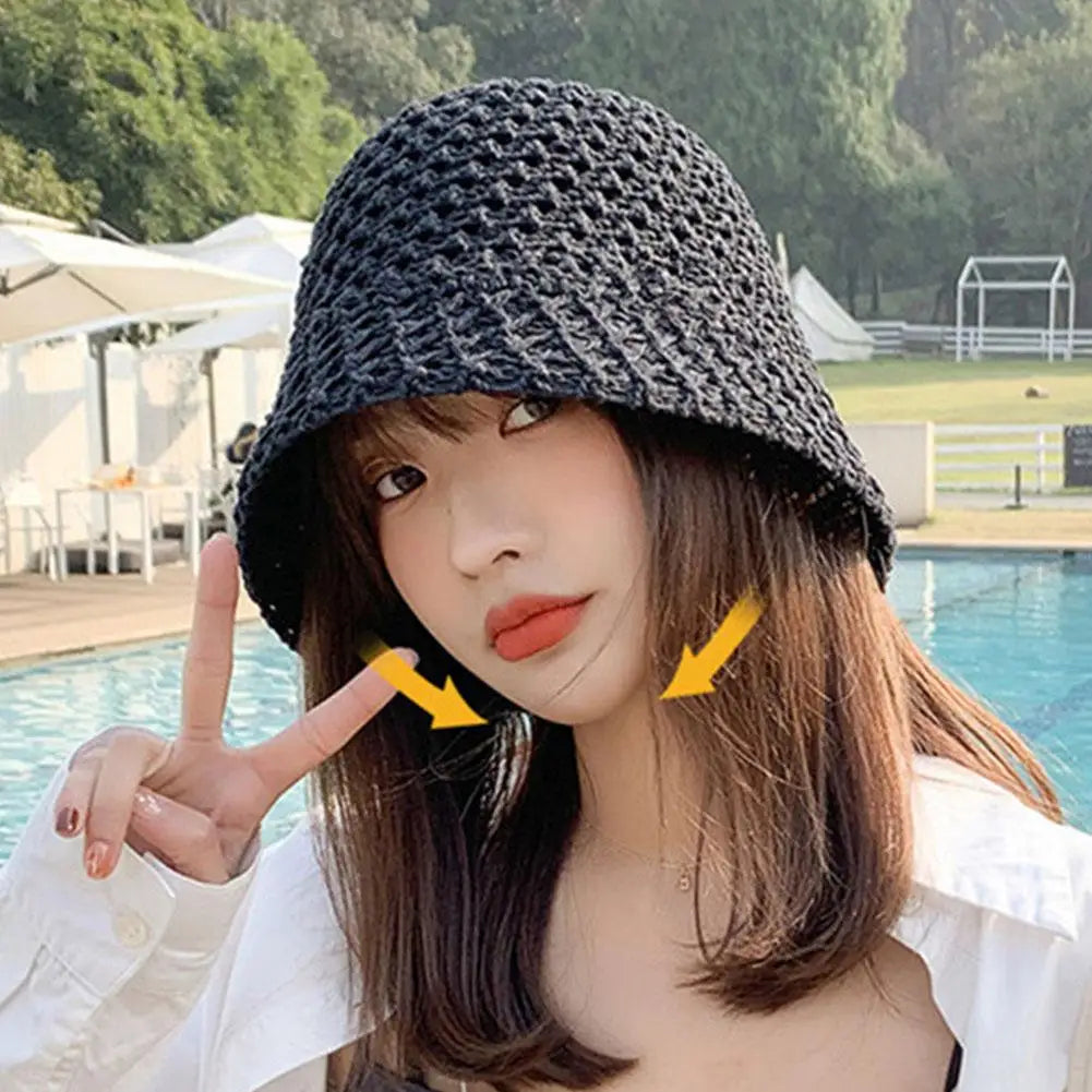 Summer Wide Brim Floppy Hats Folding Women Beach Straw Beach Bucket Hat Fashion Hollow Fisherman Cap 4 Color