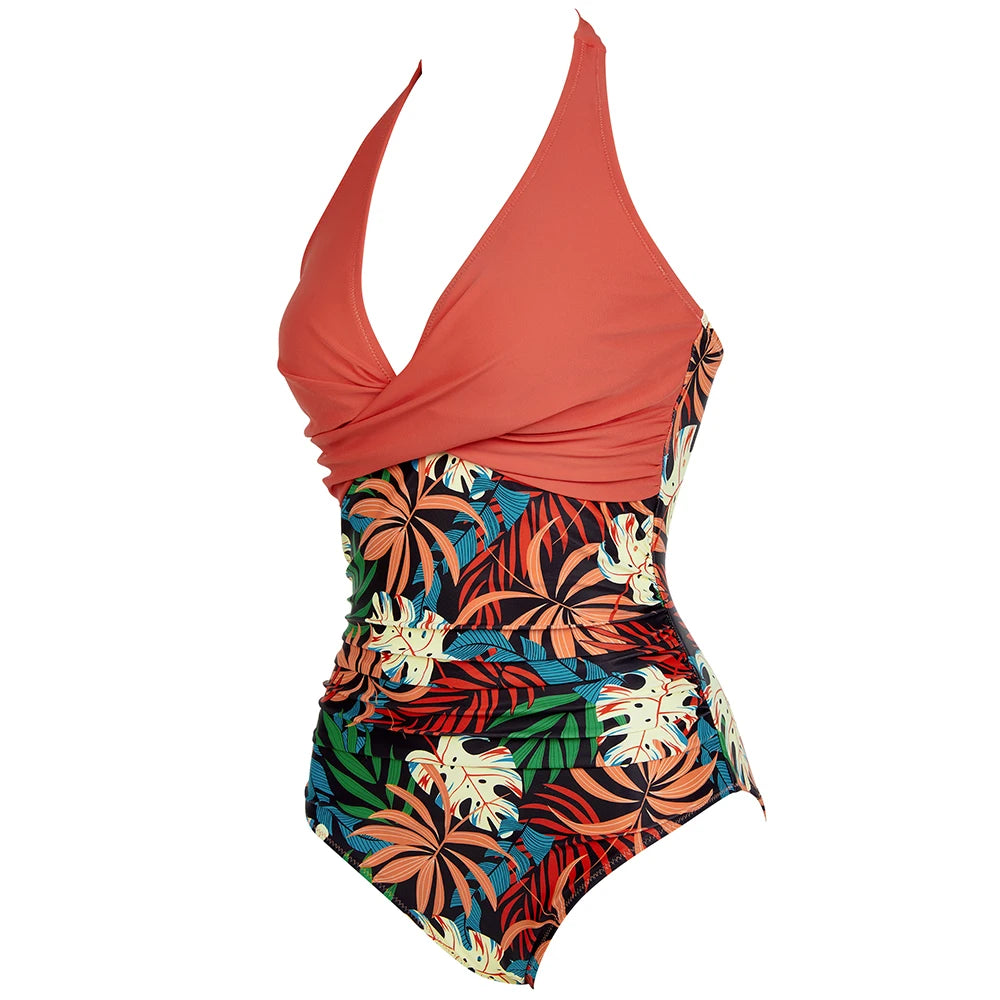 Women One Piece Swimsuit Set Print Backless Puch Up Solid Sexy Women's Swimwear Bandage Ruched Female Bathing Suit Beachwear