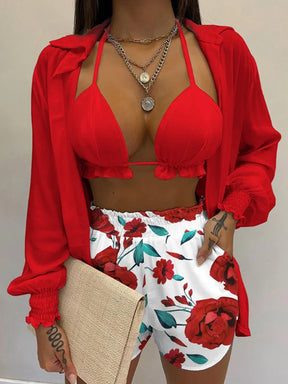 2024 New Bathing Suit Shorts Cover Up Summer Three Pieces Swimwear Sexy Beachwear High Waist Bikini Set Print Women's Swimsuit