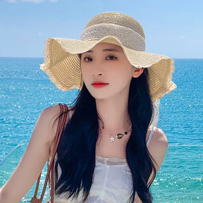 Women's Straw Hat Spring And Summer Lace Bow Large Brim Breathable Foldable Sunshade Caps Beach Cap Sweet Fisherman Hat