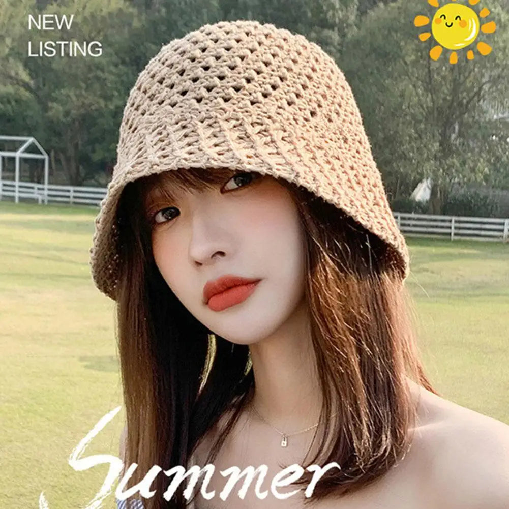 Summer Wide Brim Floppy Hats Folding Women Beach Straw Beach Bucket Hat Fashion Hollow Fisherman Cap 4 Color