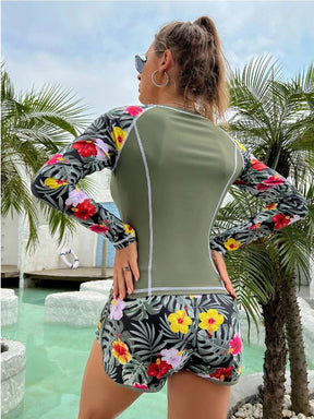 2024 New Tankini Women Swimsuit Tropical Print Bikini Set Long Sleeve Swimwear Summer Shorts Beachwear Female Bathing Suit